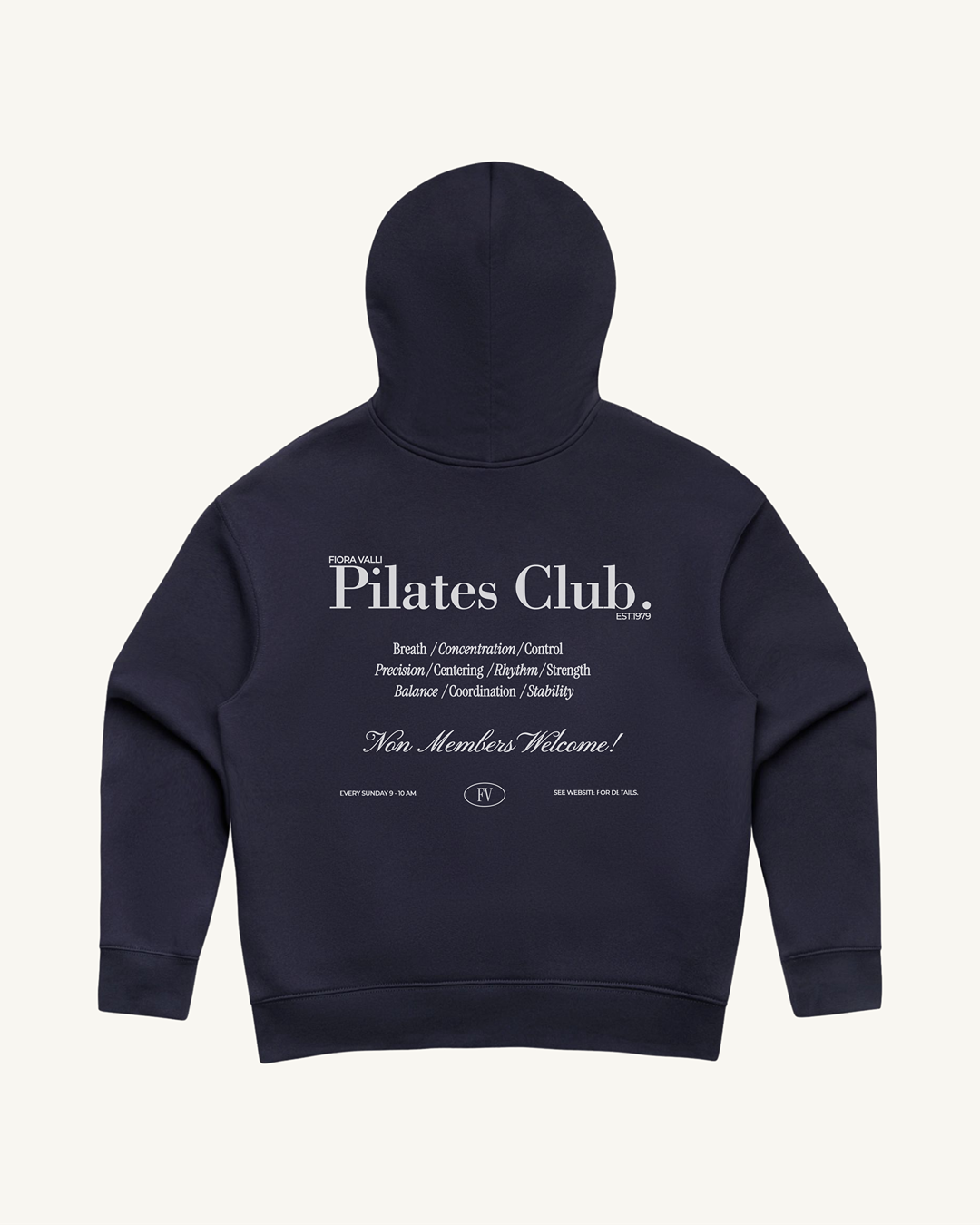 Navy blue hoodie with 'Pilates Club' text on a white background
