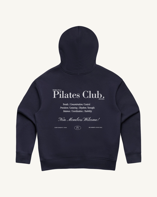 Navy blue hoodie with 'Pilates Club' text on a white background