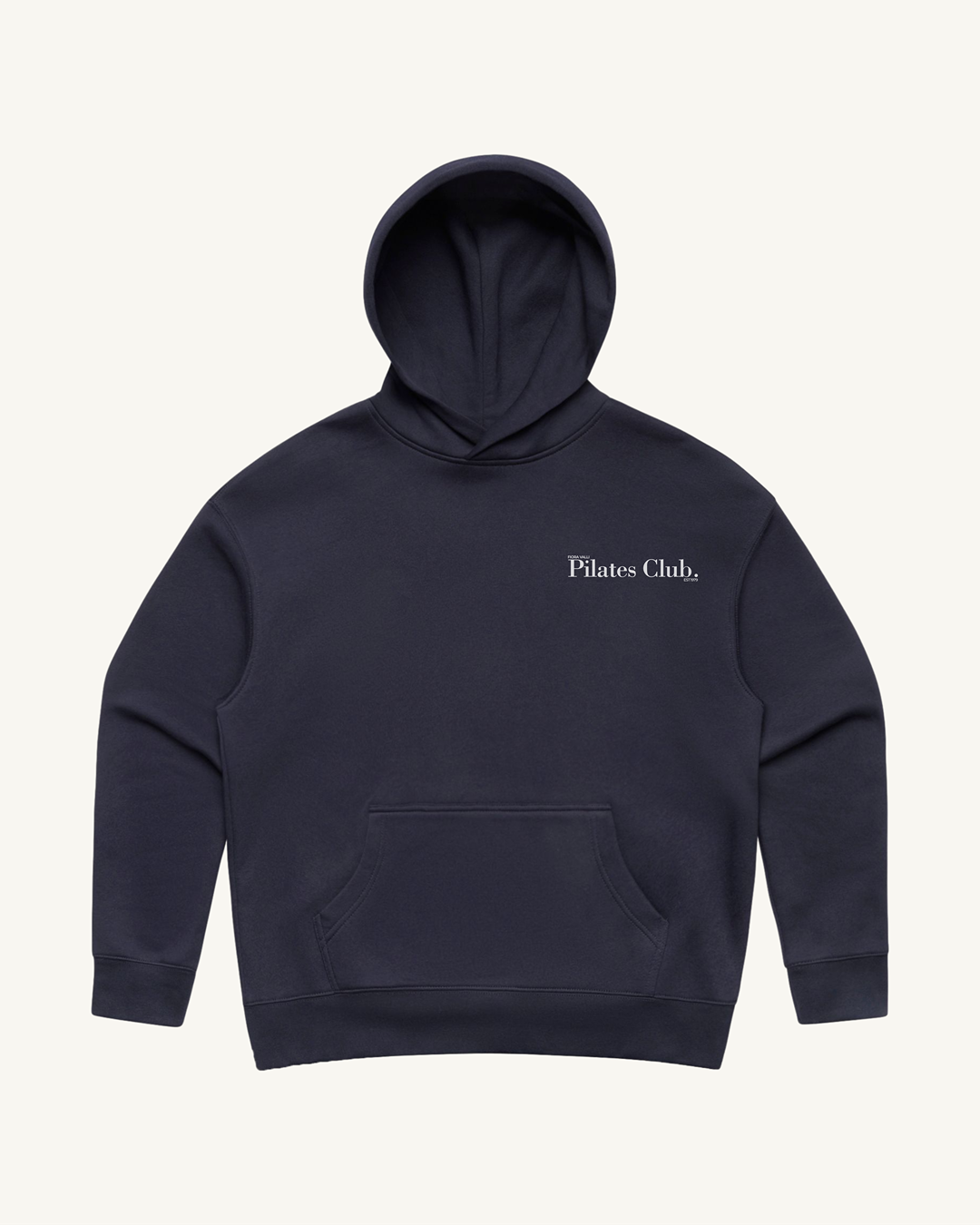 Navy hoodie with 'Pilates Club' text on a white background