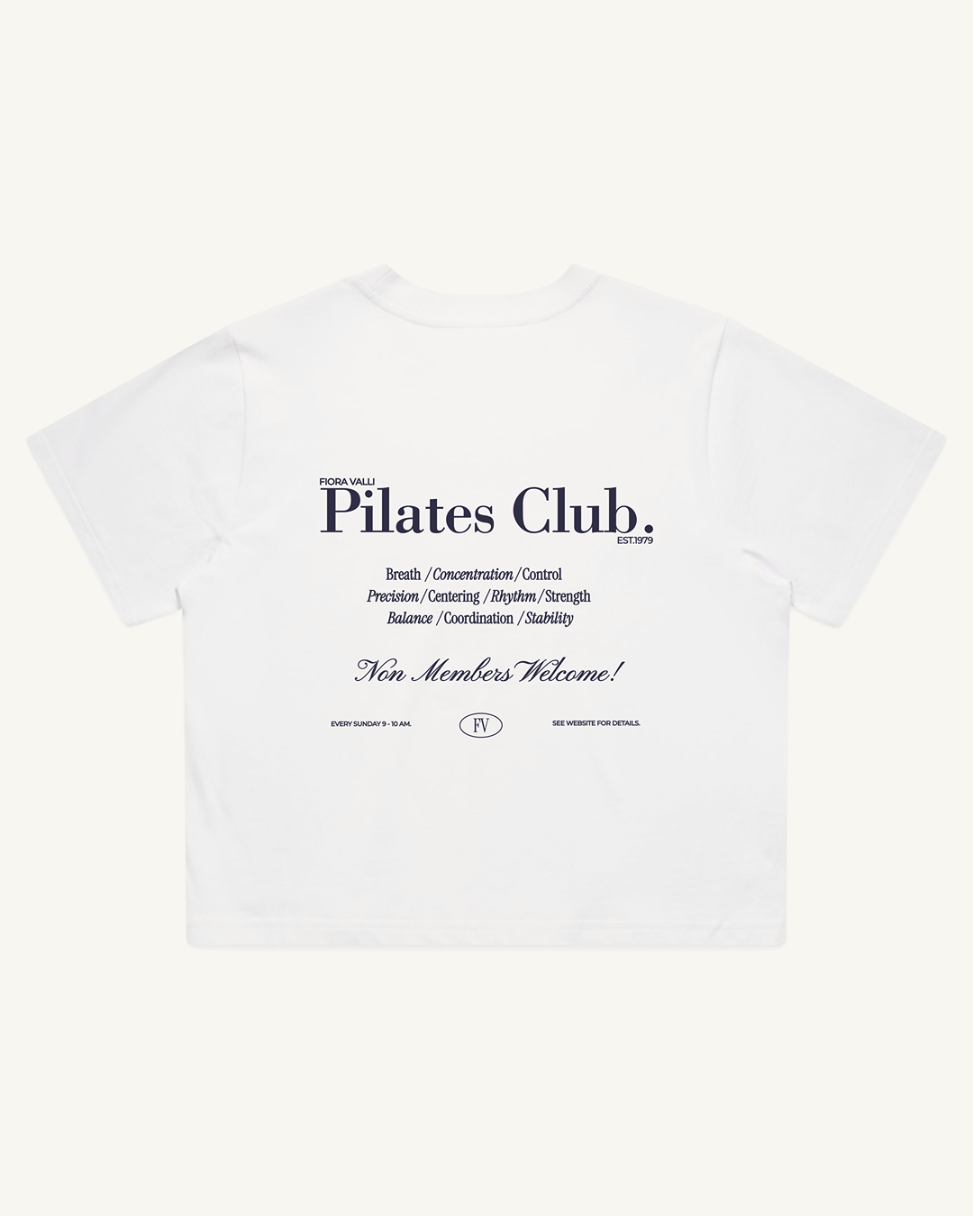 White t-shirt with 'Pilates Club' text on a white background