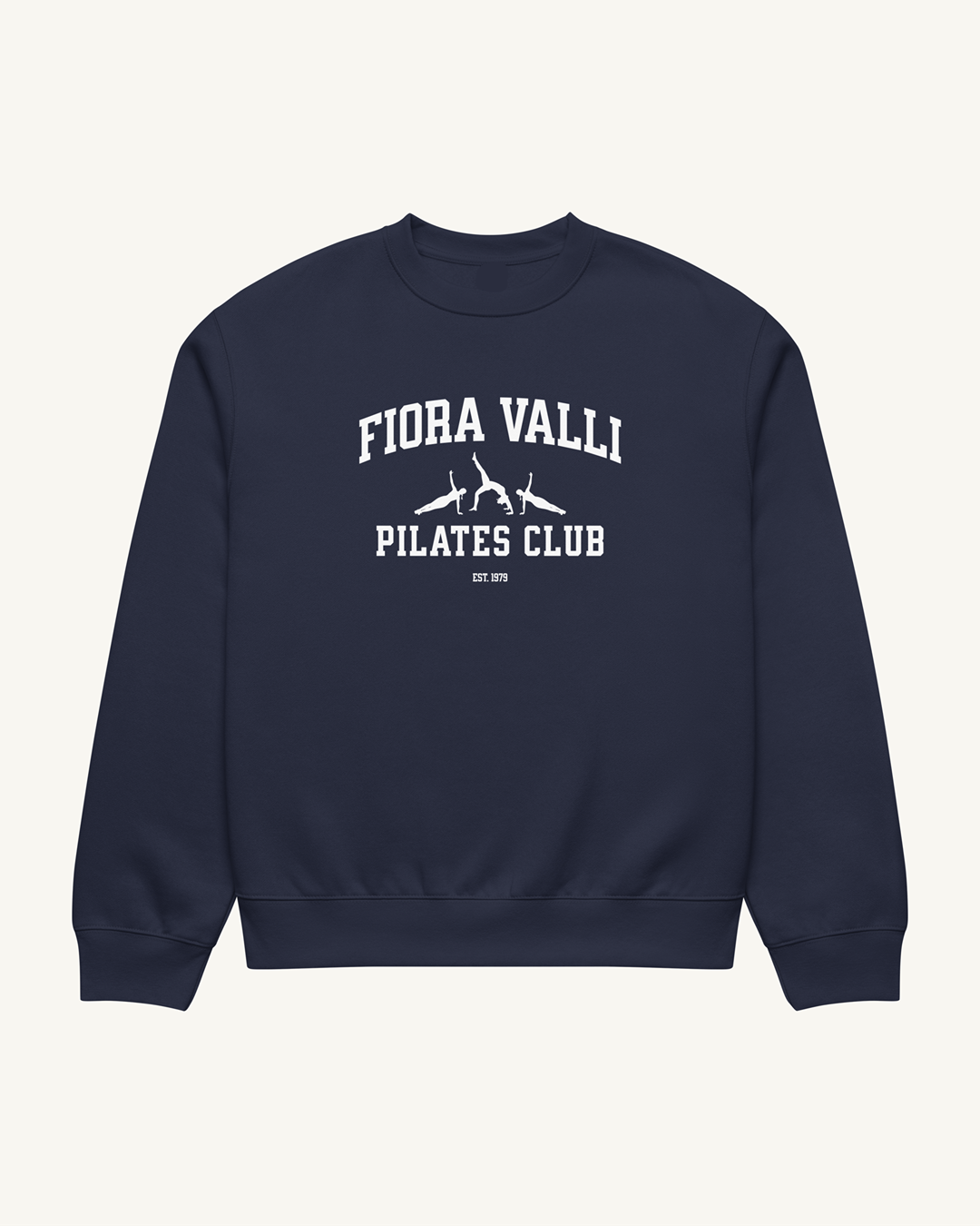 Navy blue sweatshirt with 'Fiora Valli Pilates Club' text on a beige background