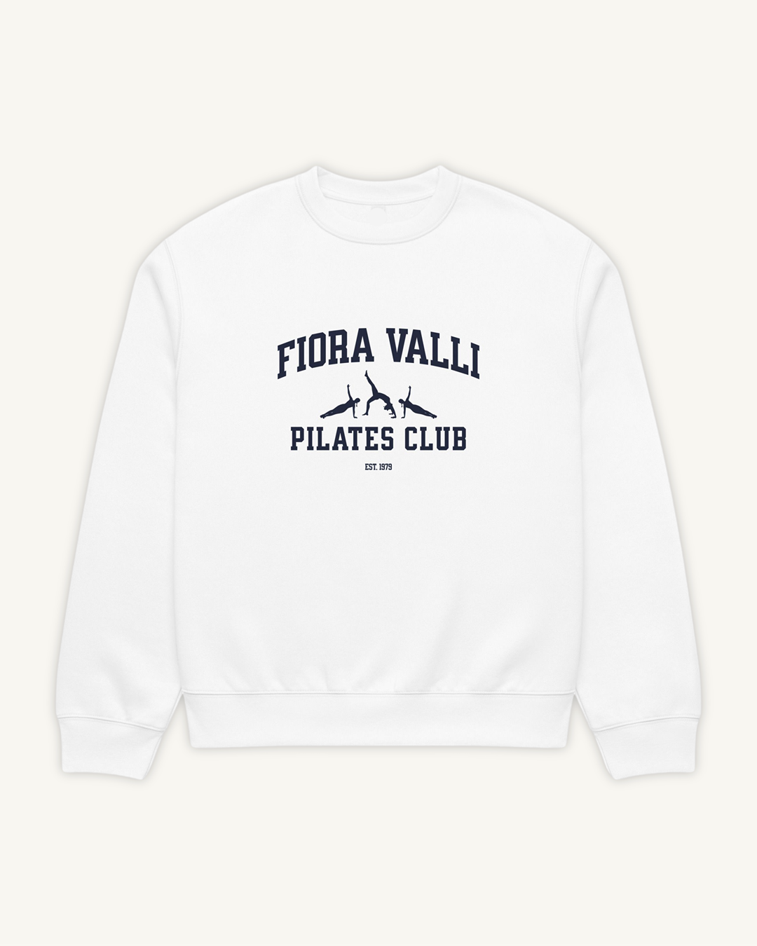 White sweatshirt with 'Fiora Valli Pilates Club' text on a white background
