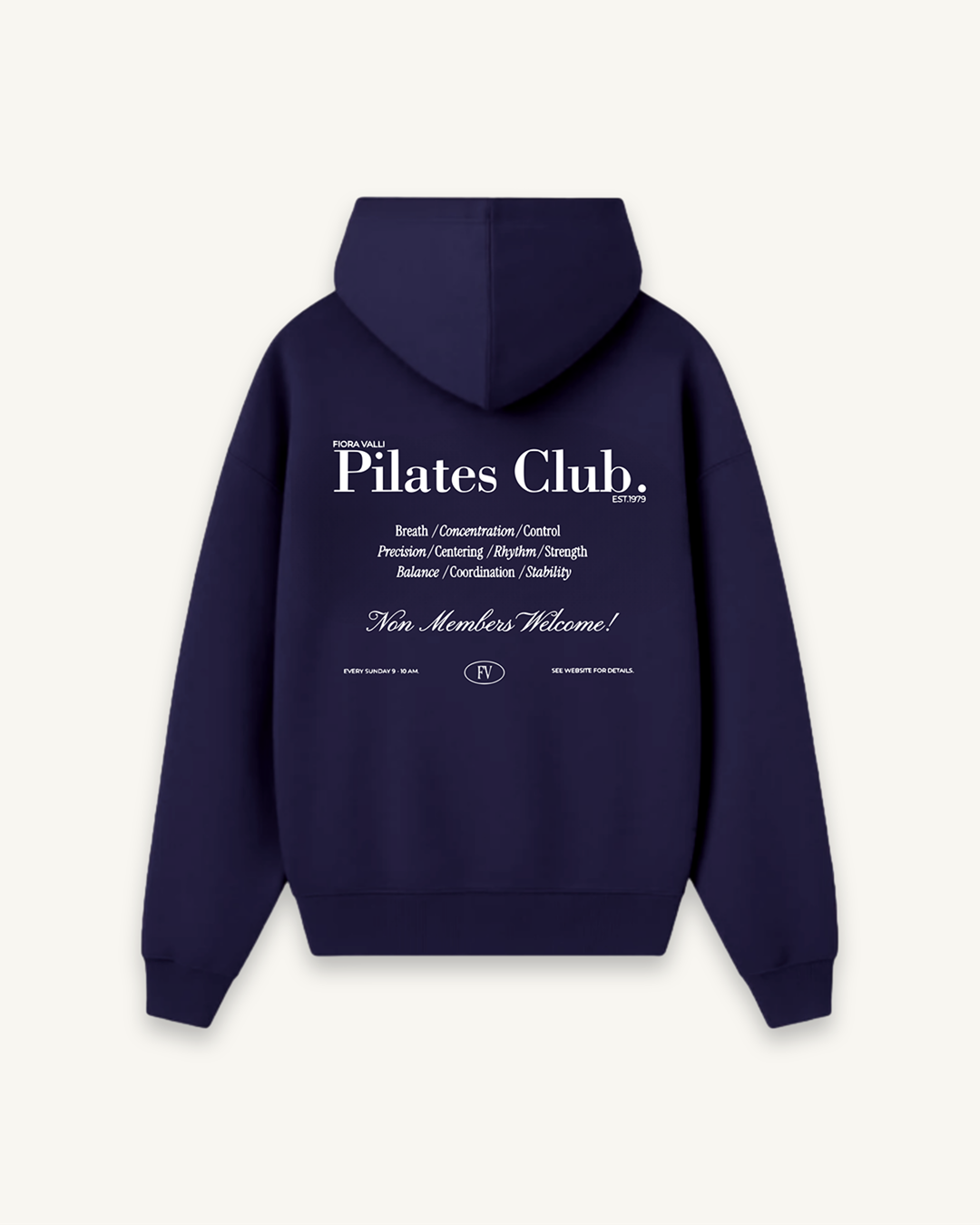 Navy blue hoodie with 'Pilates Club' text on the back against a white background