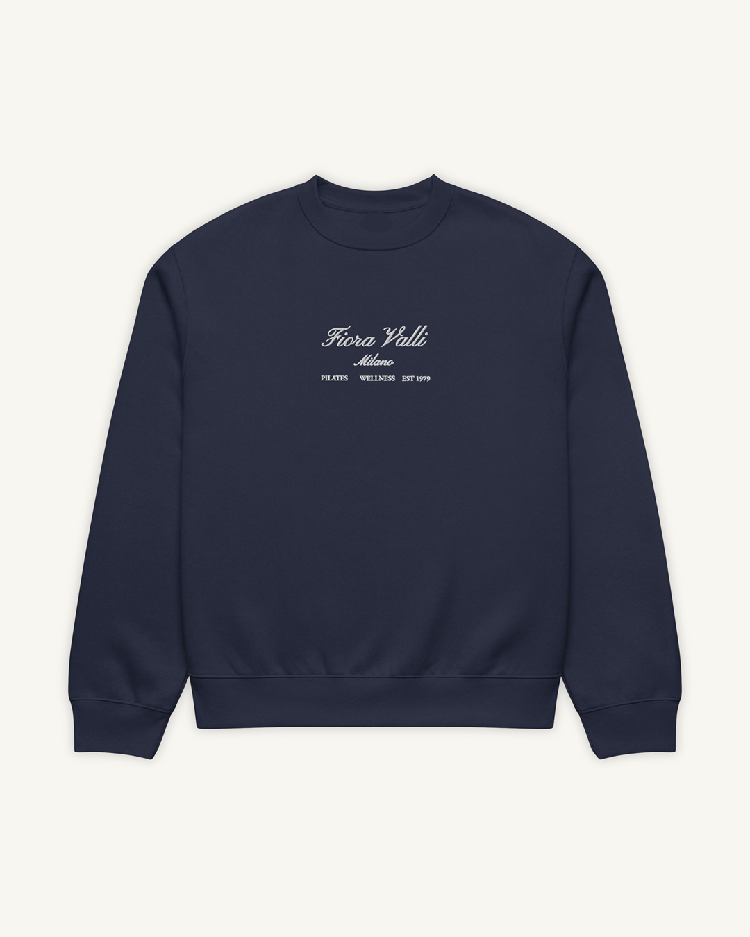 Navy blue sweatshirt with white text on a white background