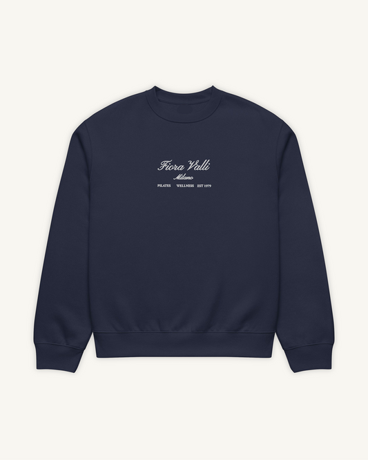 Navy blue sweatshirt with white text on a white background