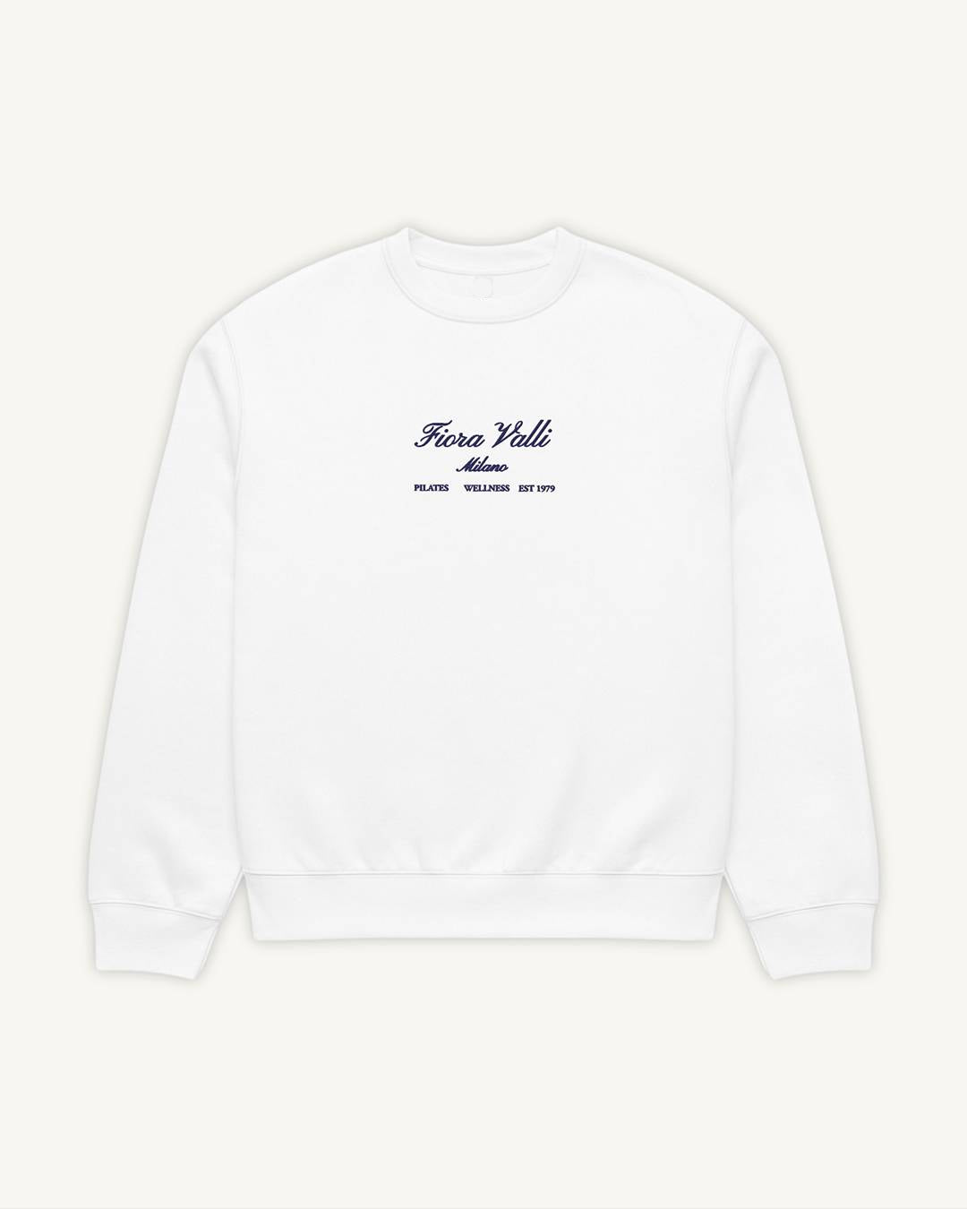 White sweatshirt with black text on a white background
