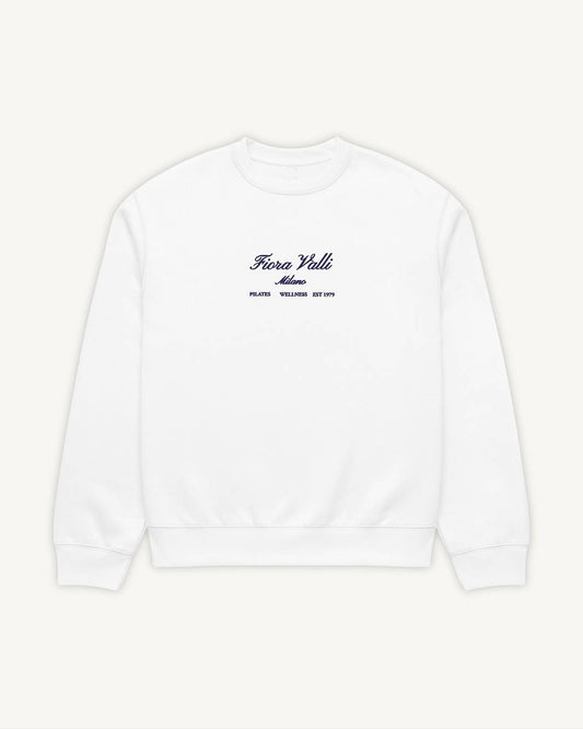 White sweatshirt with black text on a white background