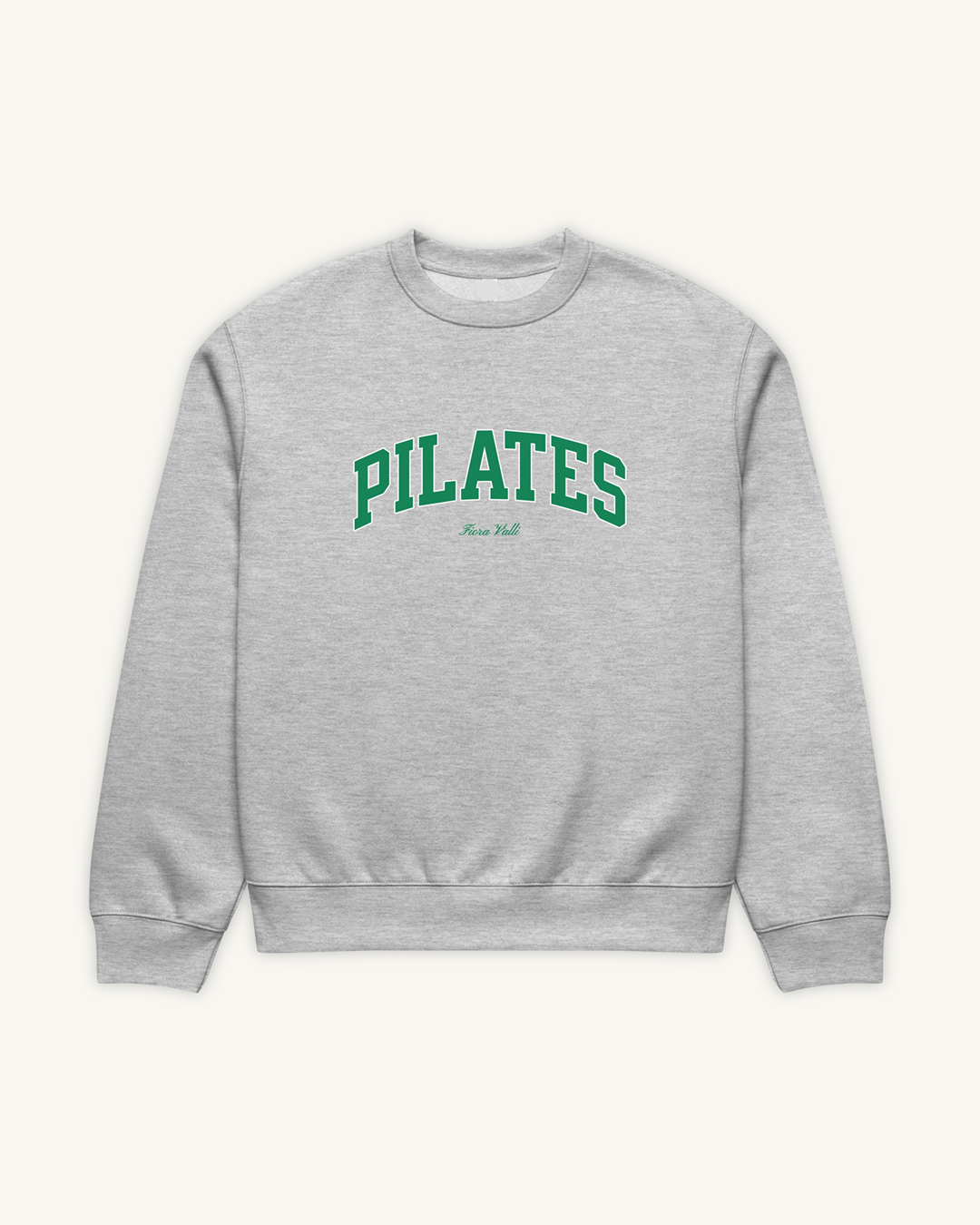 Gray sweatshirt with 'PILATES' printed in green on a white background
