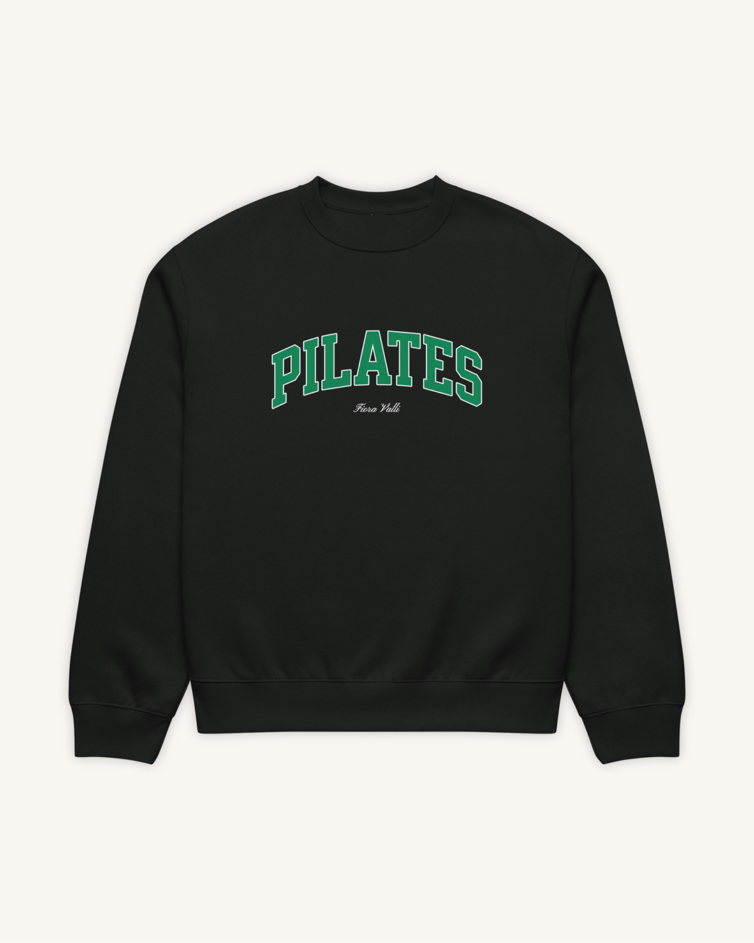 Black sweatshirt with 'PILATES' text in green on a white background
